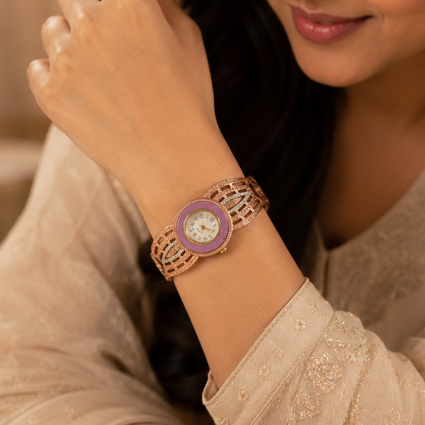 Rose Glow Cuff  Silver Bracelet Watch