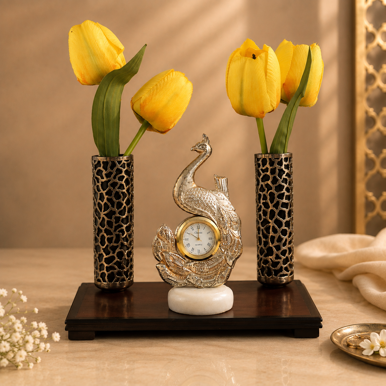 Peacock Glory Silver Table Clock