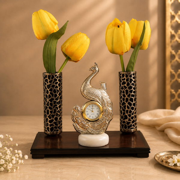 Peacock Glory Silver Table Clock