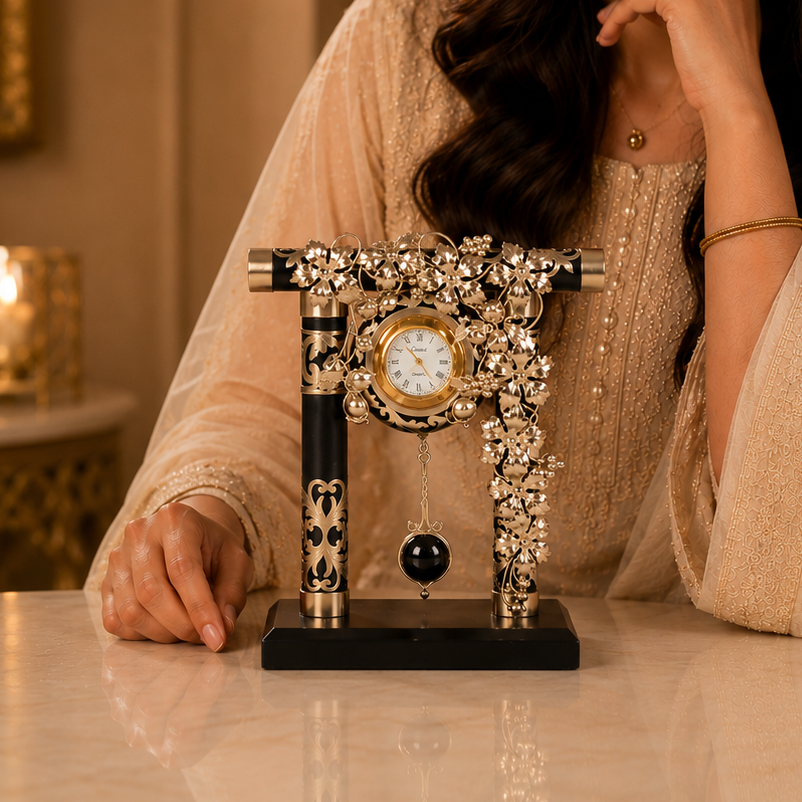 Regal Blossom Pendulum Silver Table Clock