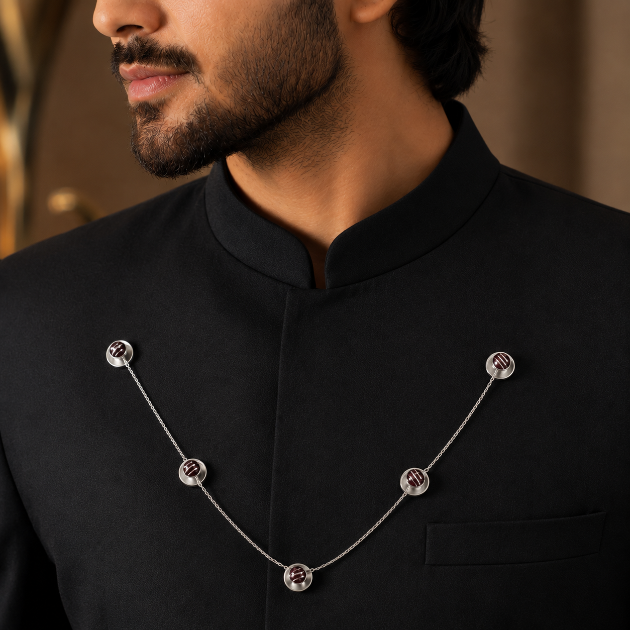 Royal Garnet Silver Brooch Chain For Him