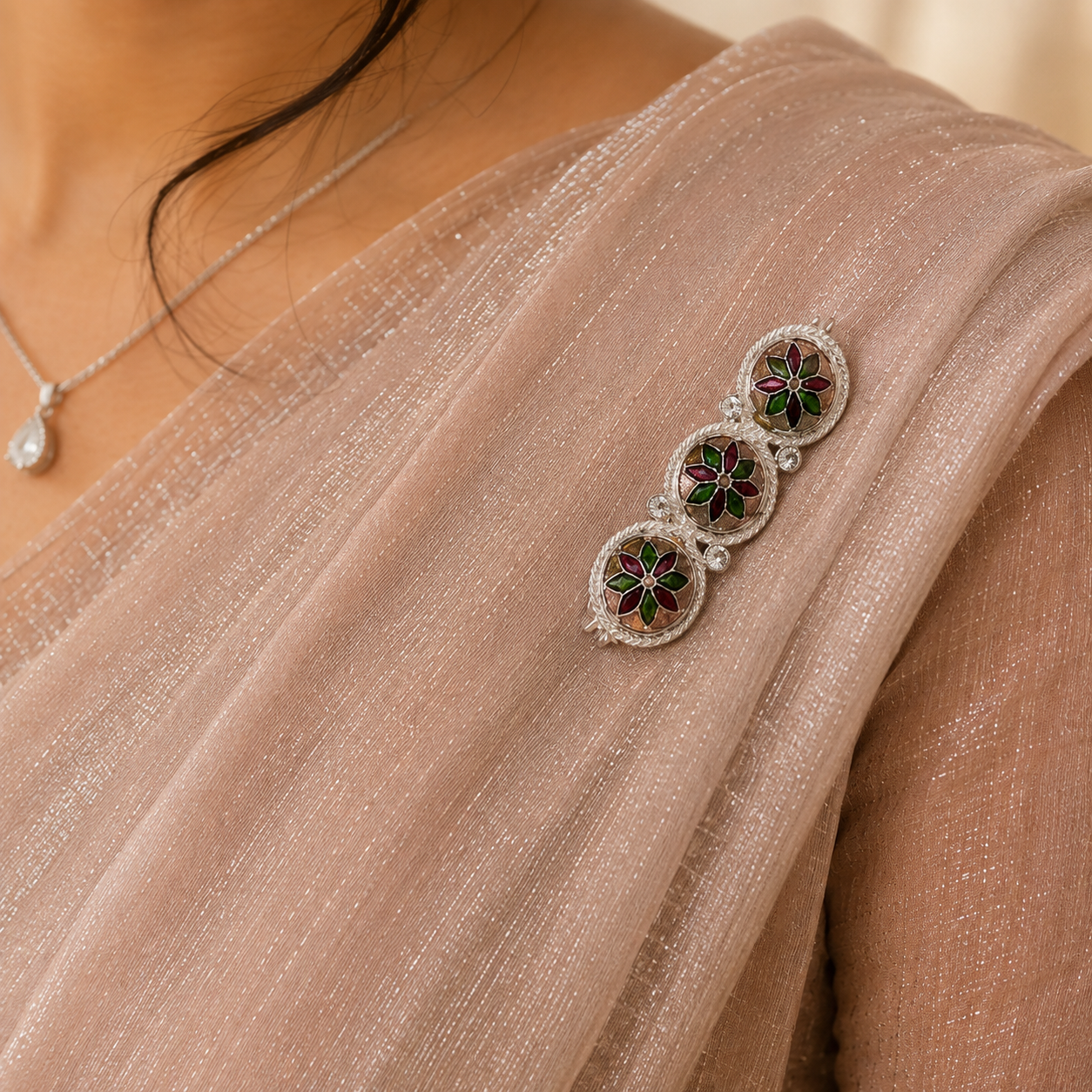 Rangoli Silver Floral Brooch