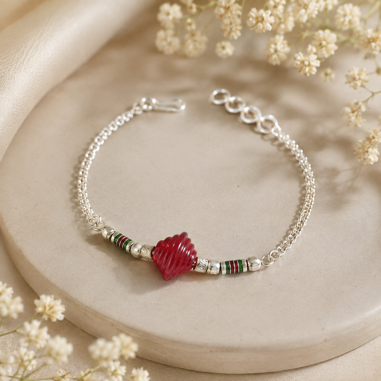 Red Spiral Charm Silver Bracelet