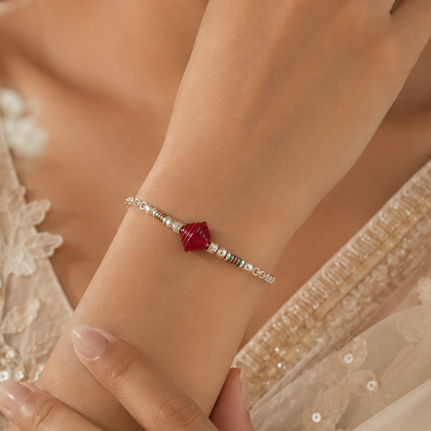 Red Spiral Charm Silver Bracelet
