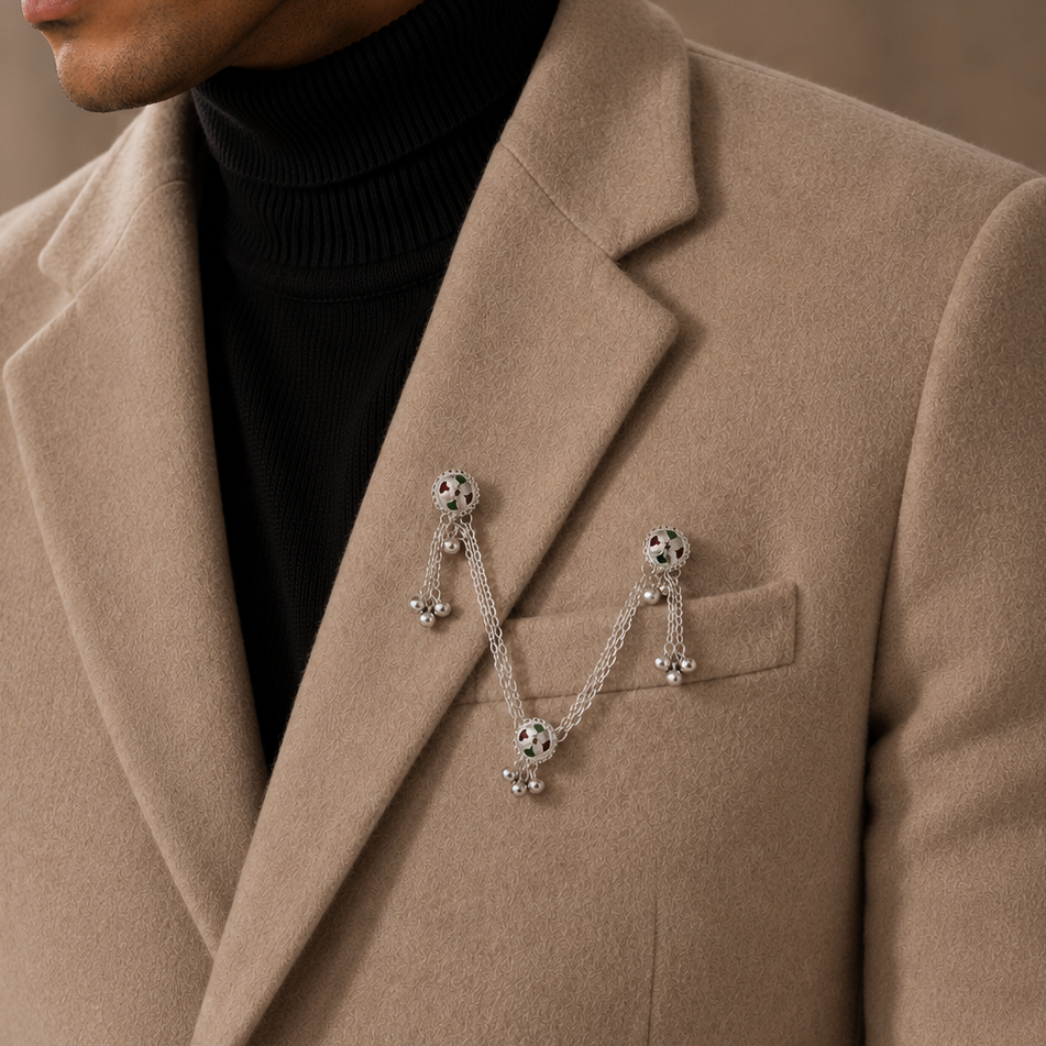 Floral Lapel Silver Brooch Chain For Him