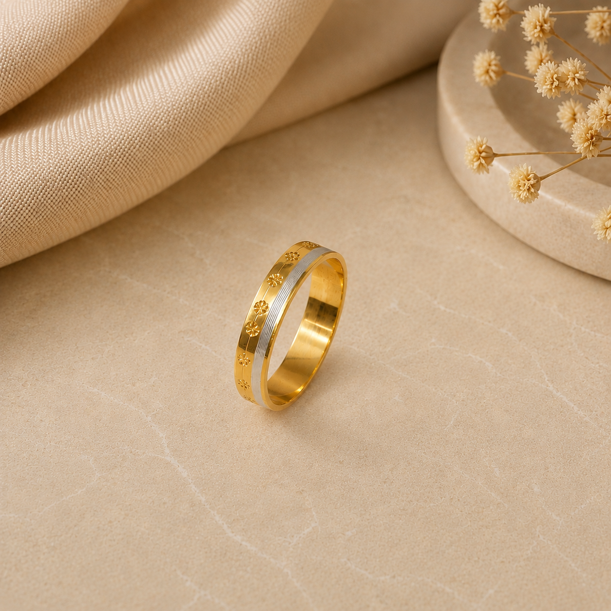 Dual Tone Floral Gold Band Ring For Him