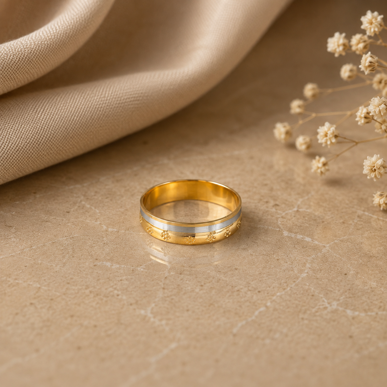 Dual Tone Floral Gold Band Ring For Him