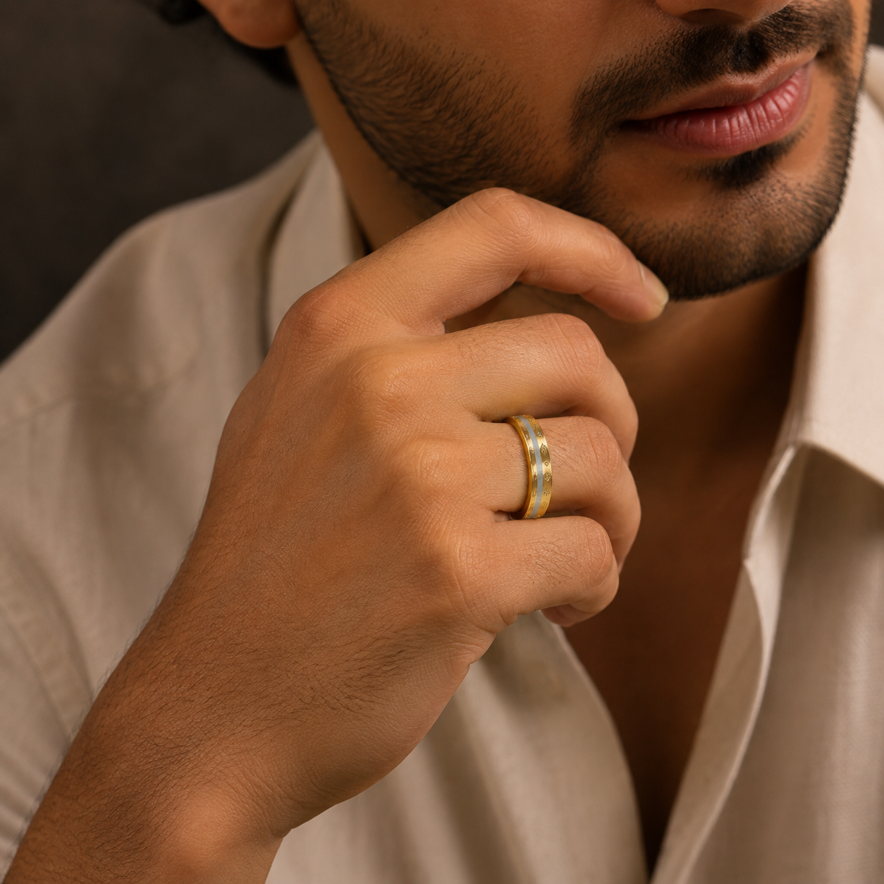 Dual Tone Floral Gold Band Ring For Him