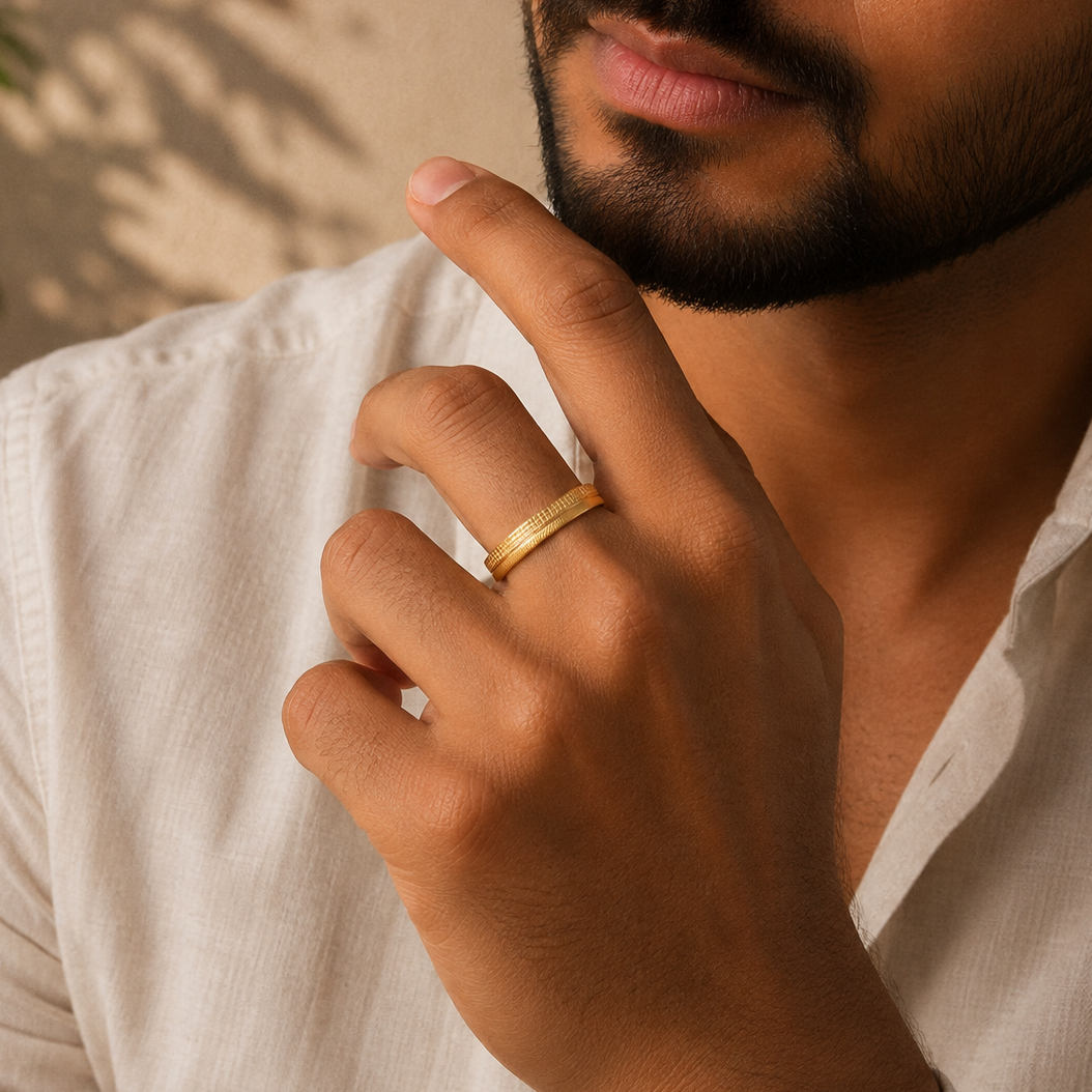 Yuvaan Ribbed Gold Band Ring For Him
