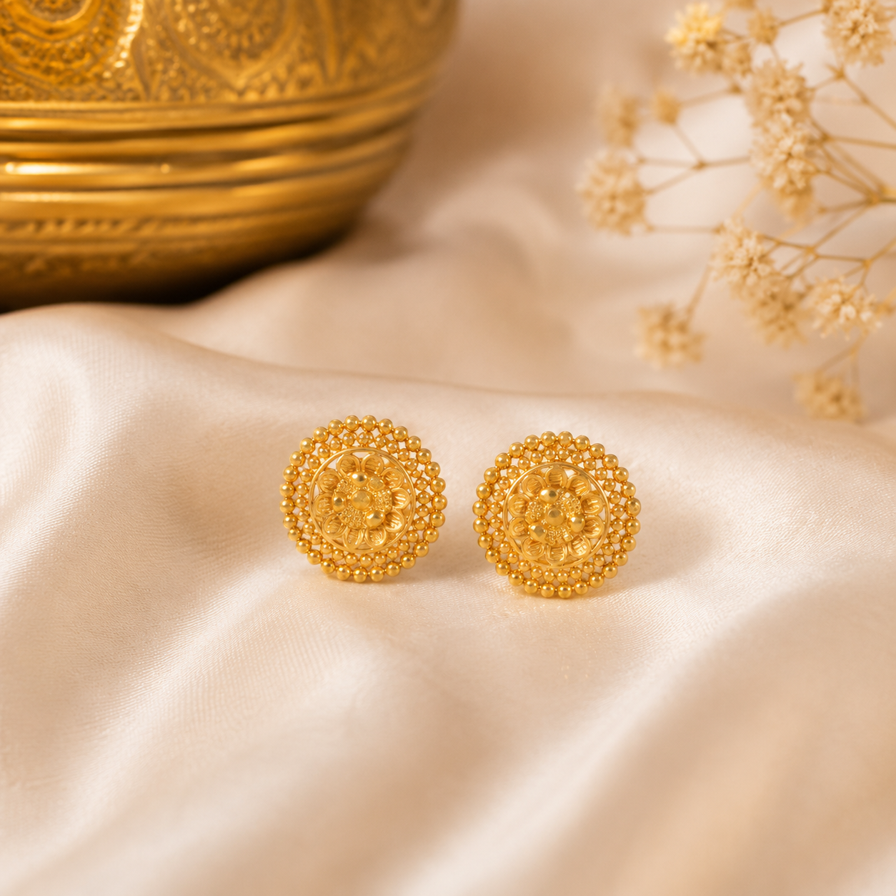 Aaradhya Floral Halo Gold Earrings