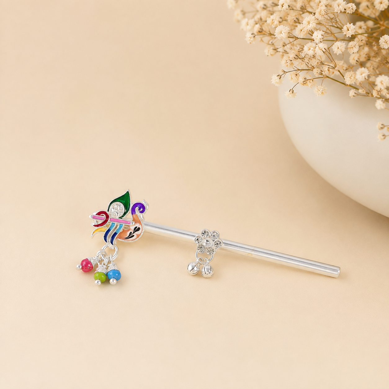 Peacock Meenakari Silver Bansuri