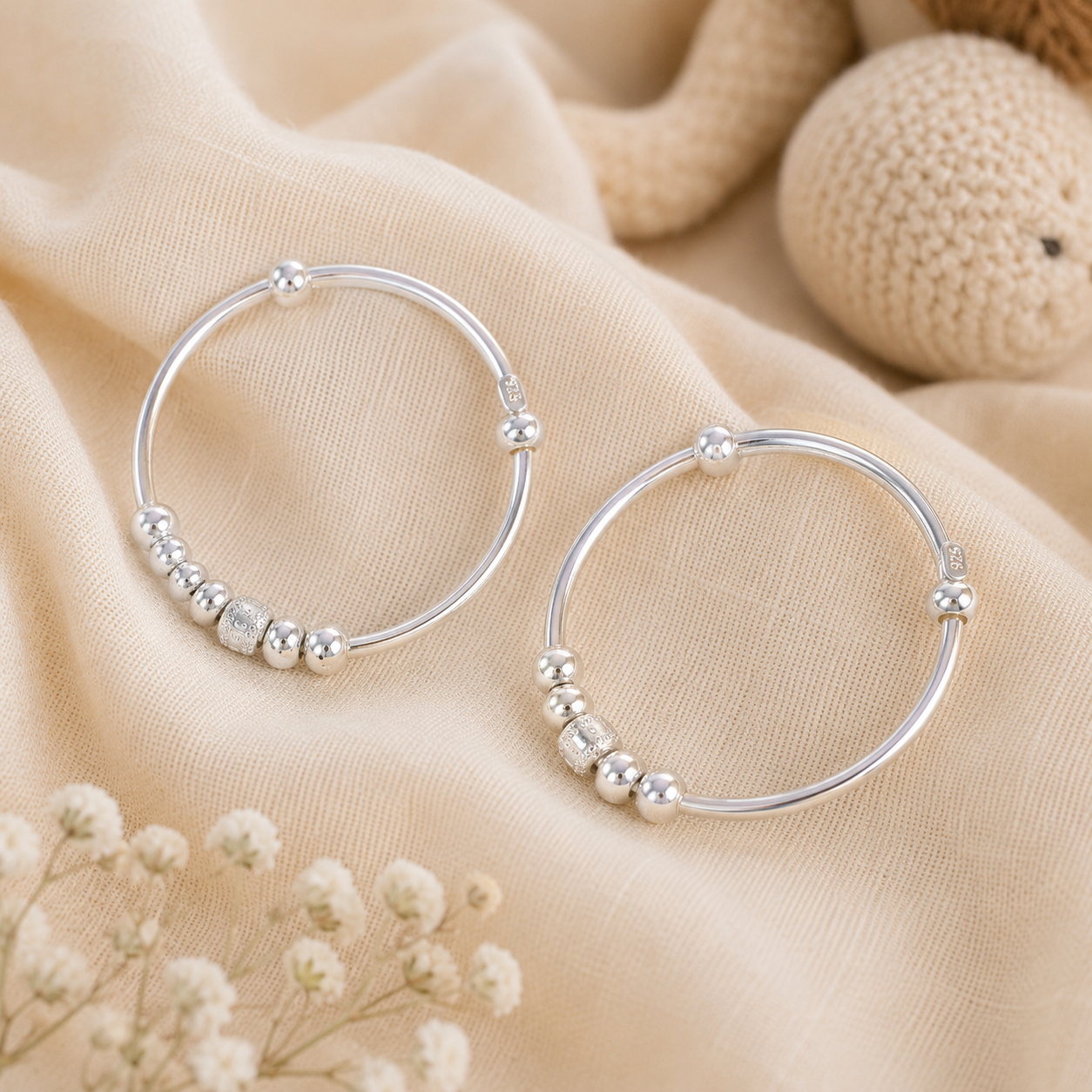 Crystal Charm Silver Baby Bangles