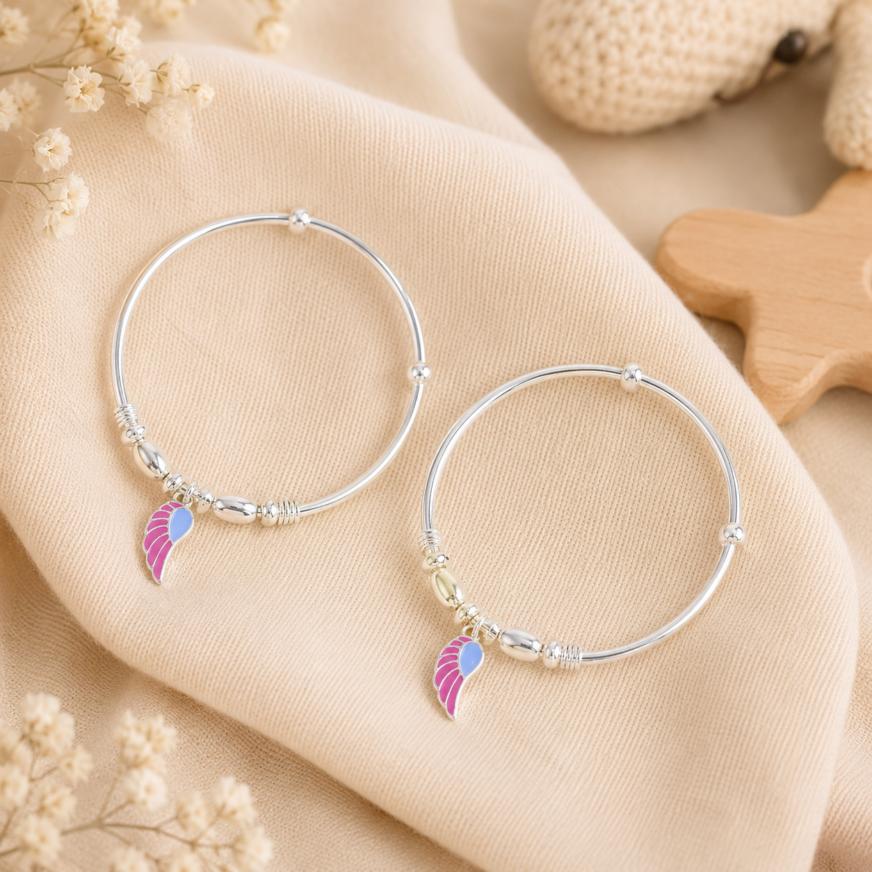 Pink Wings Silver Baby Bangles