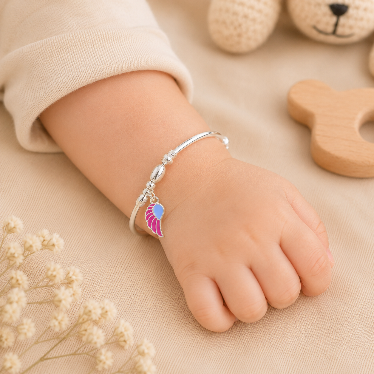 Pink Wings Silver Baby Bangles