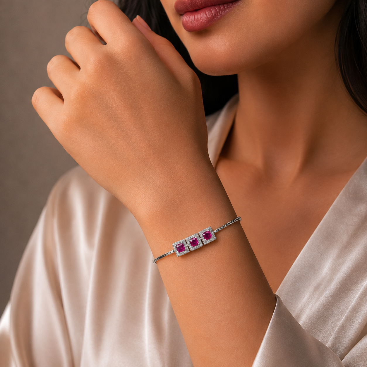 Pink Stone Trio Silver Bracelet