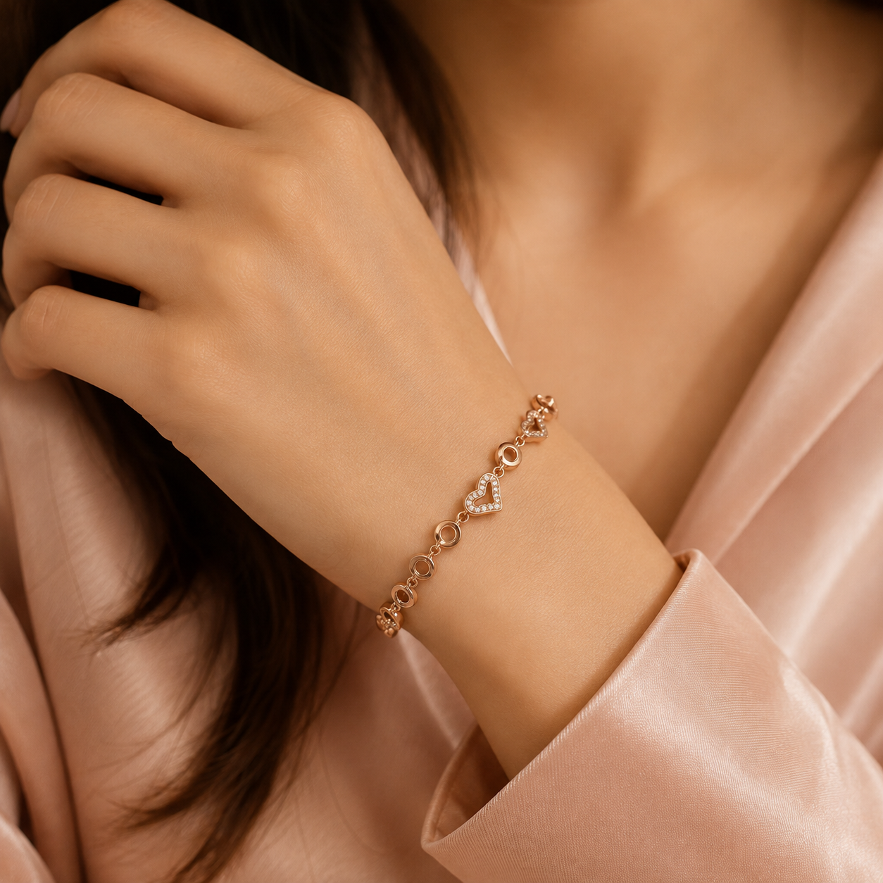 Rose Gold Heart Silver  Bracelet