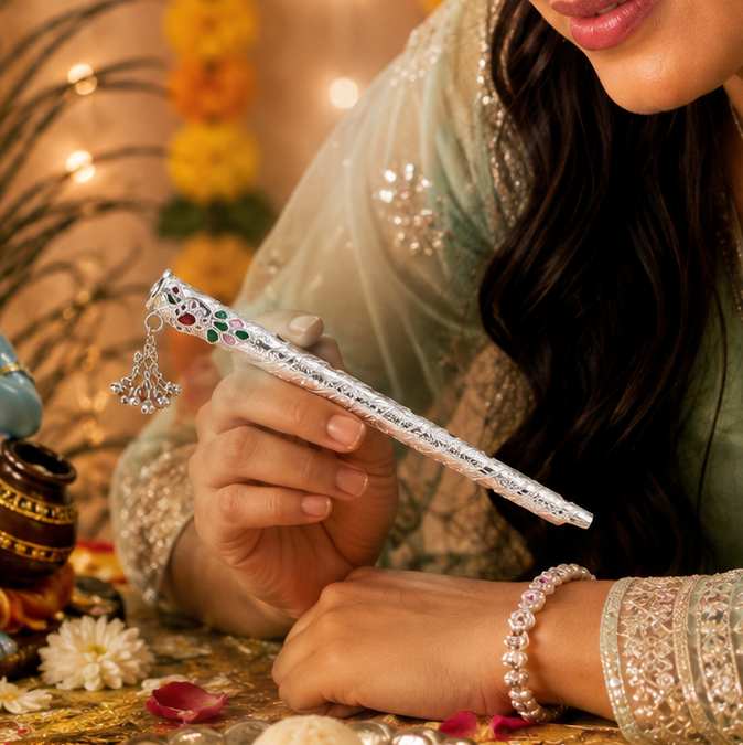 Keshav Floral Silver Bansuri