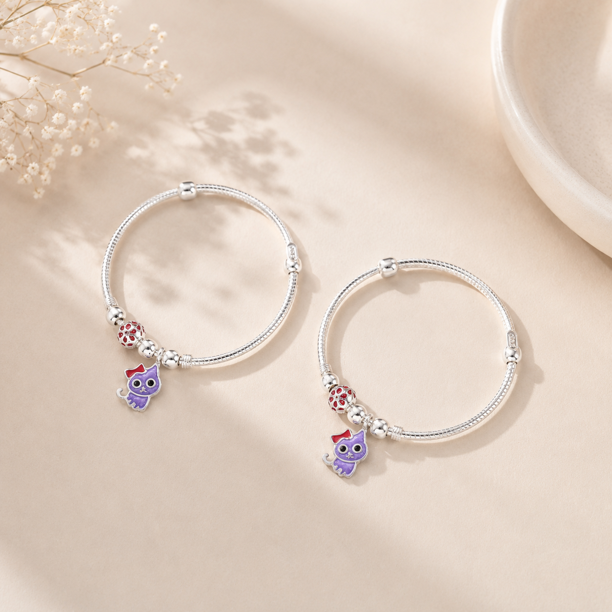 Purple Kitty Charm Silver Baby Bangles