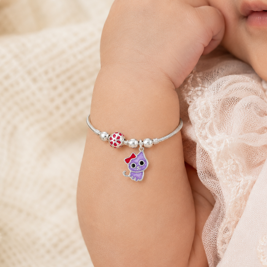 Purple Kitty Charm Silver Baby Bangles