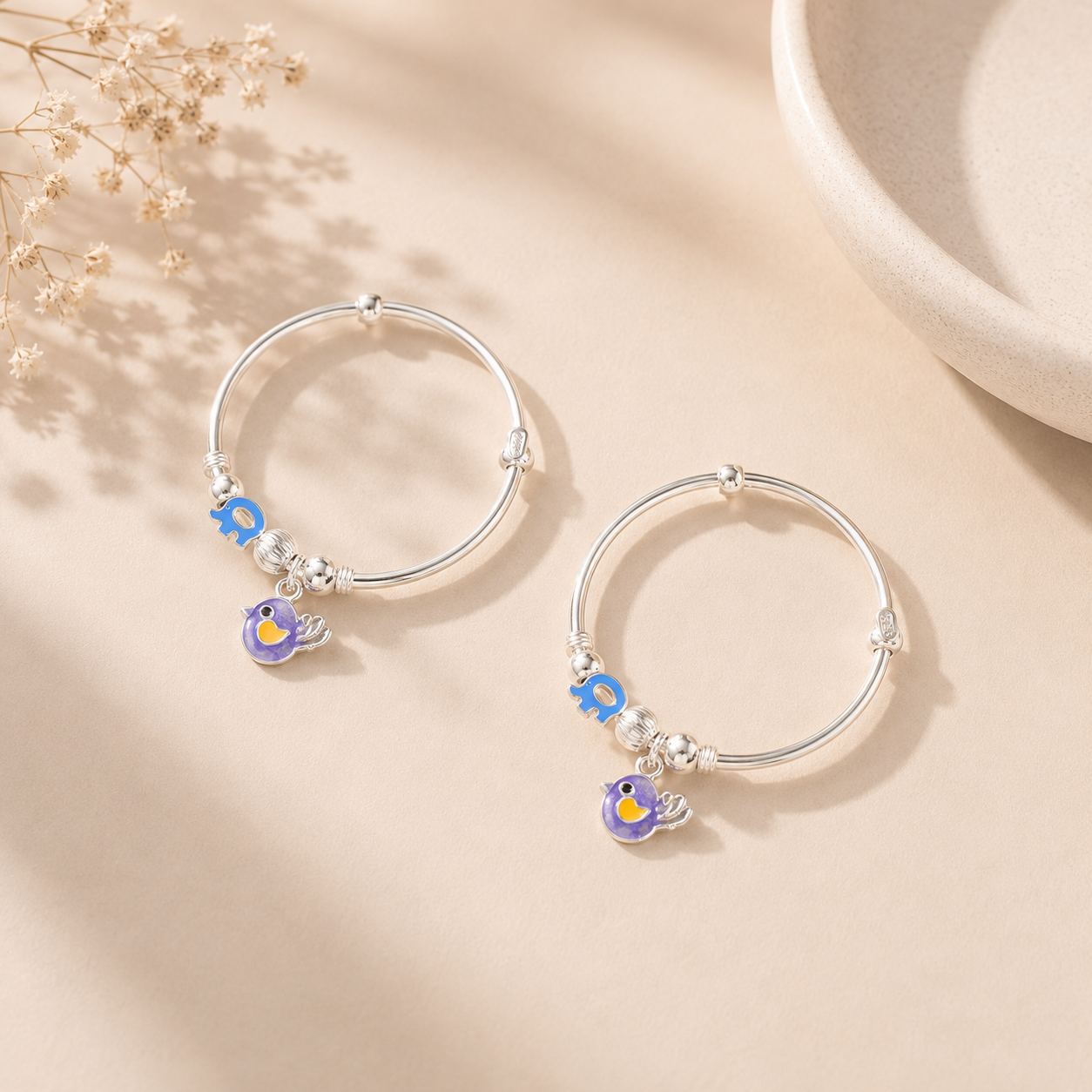 Playful Birdie Silver Baby Bangles