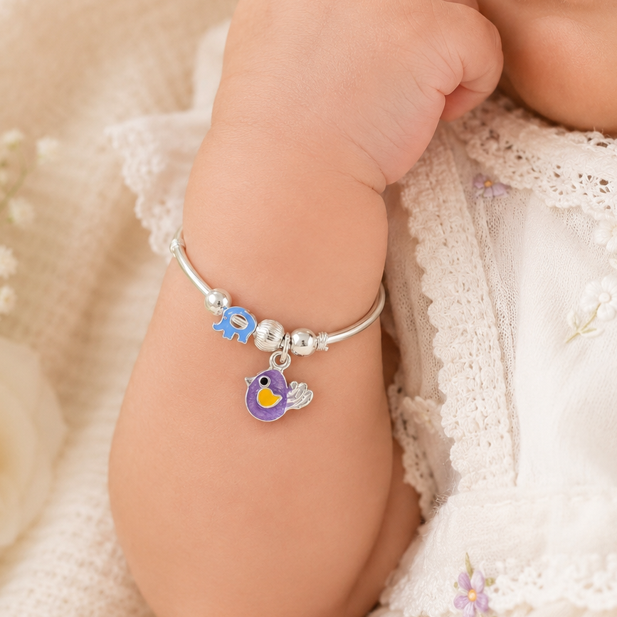 Playful Birdie Silver Baby Bangles