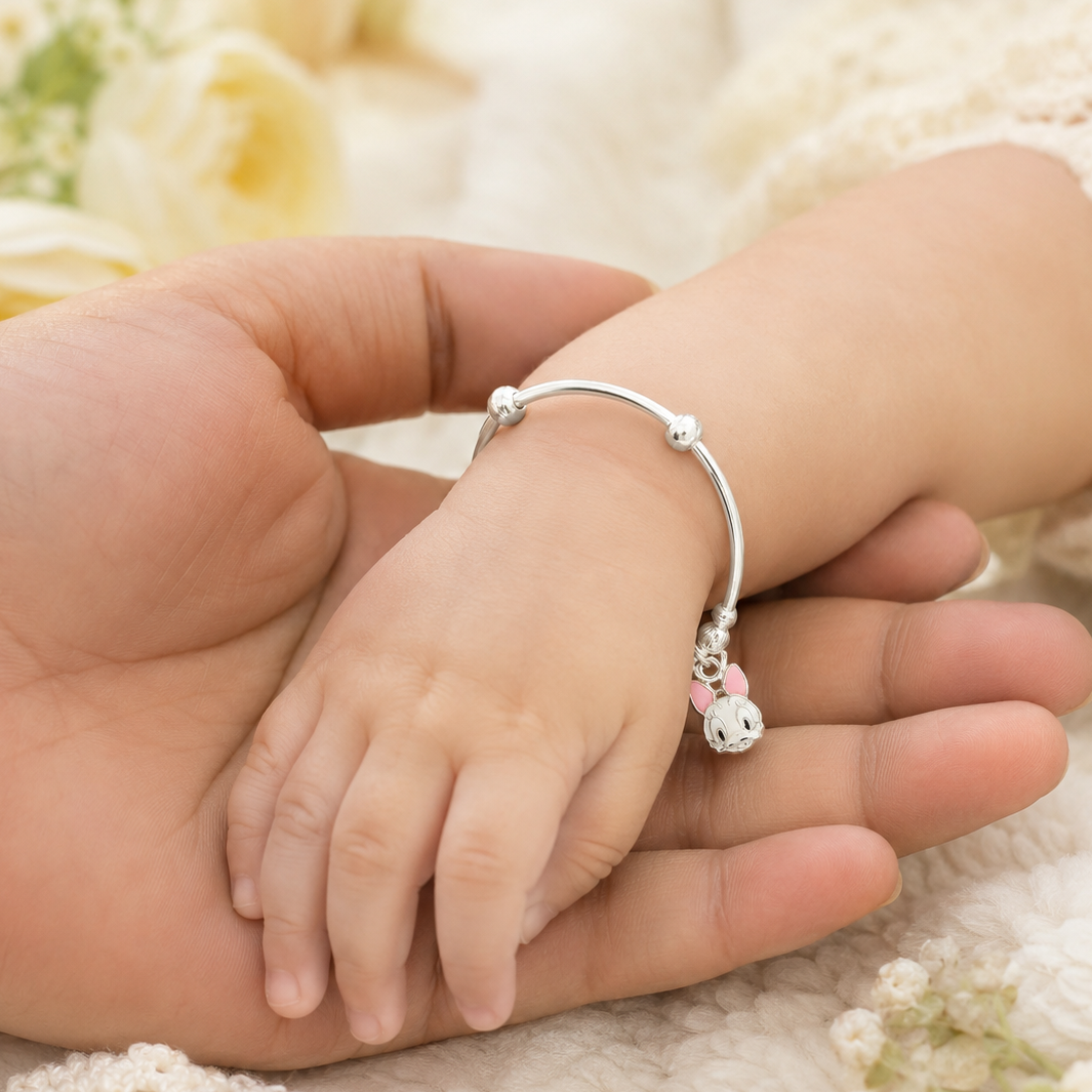 Pink  Rabbit Silver Baby Bangles