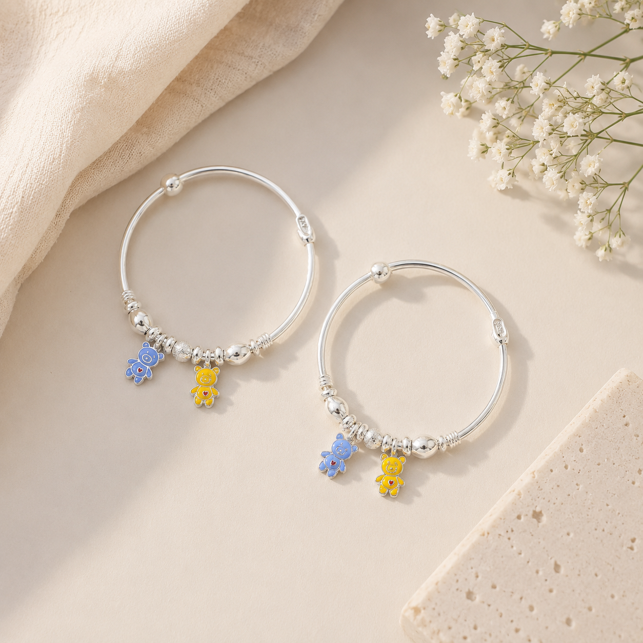 Colorful Bear Silver Baby Bangles