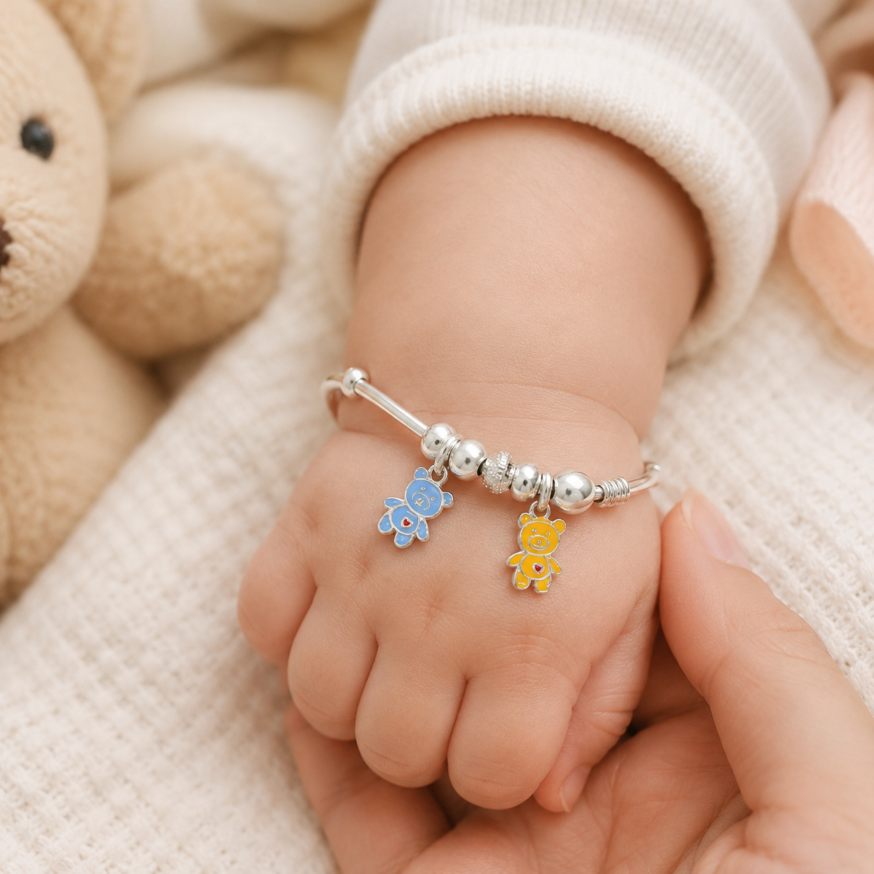 Colorful Bear Silver Baby Bangles