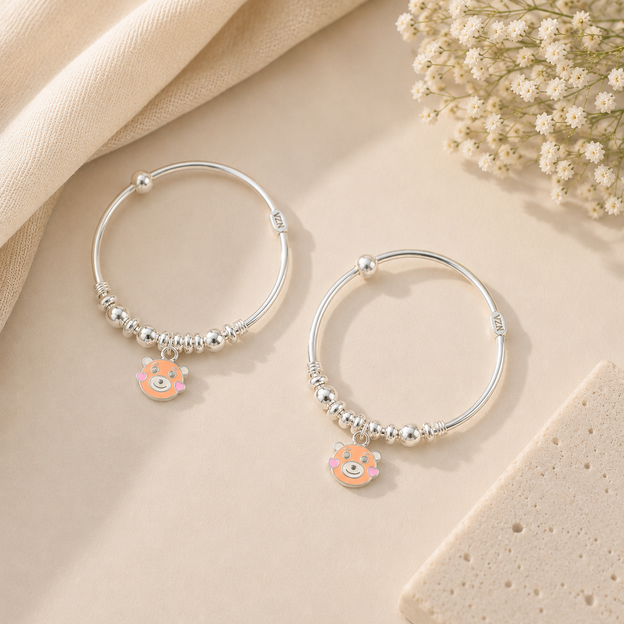 Teddy Smile Silver Baby Bangles