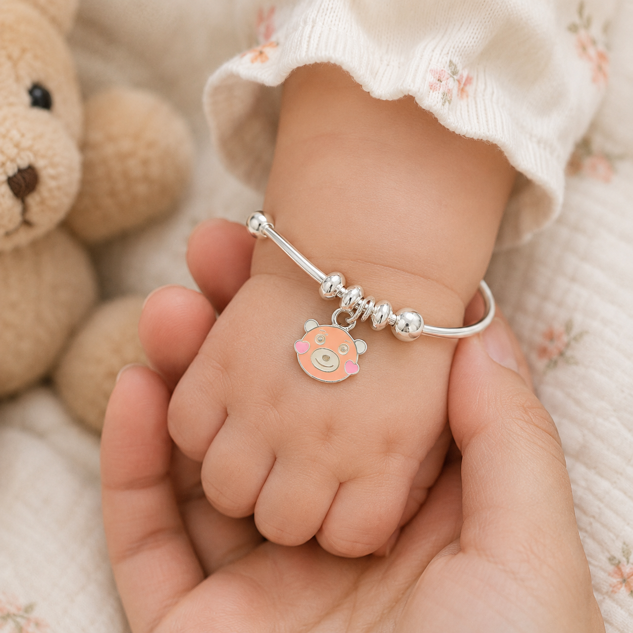 Teddy Smile Silver Baby Bangles