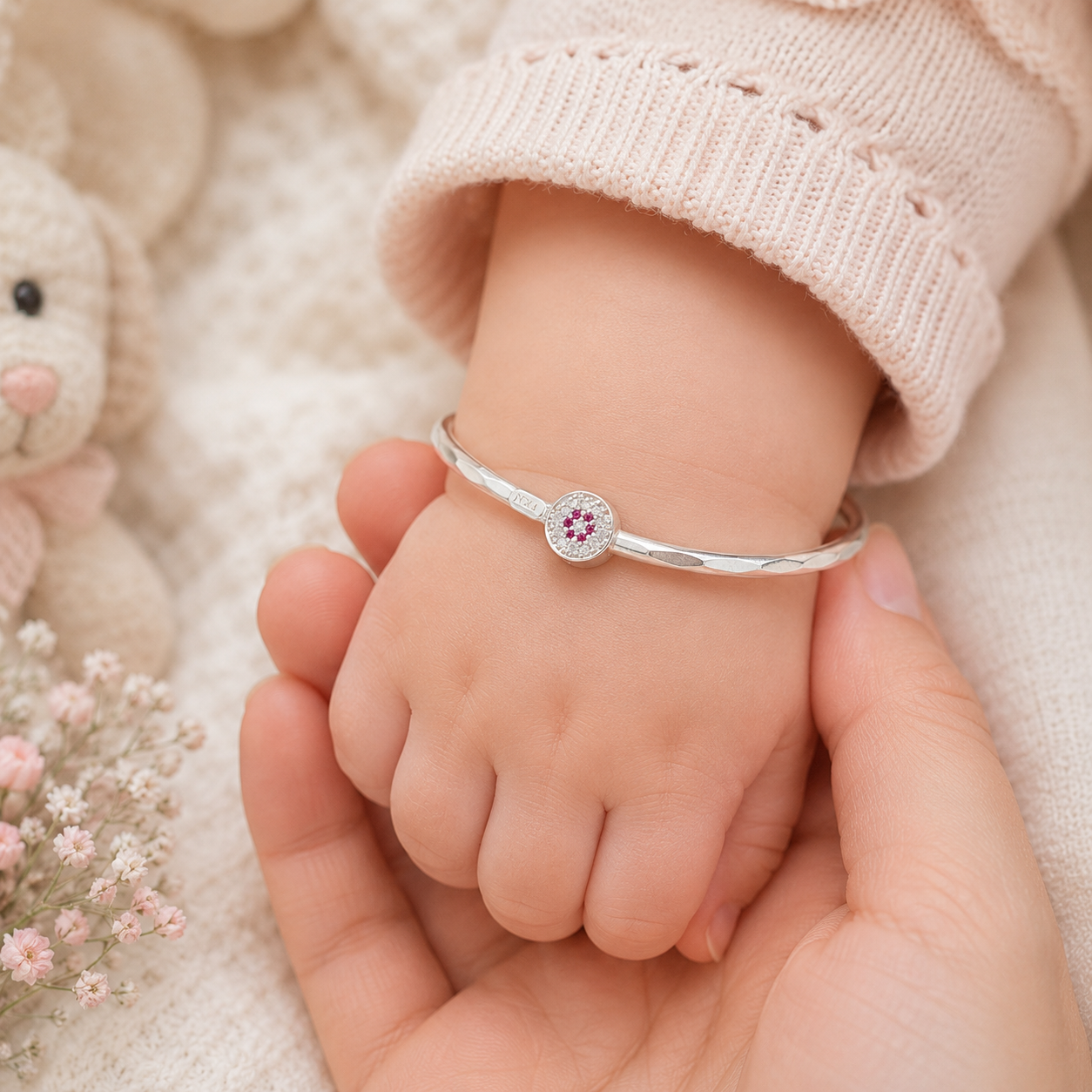 Floral Charm Silver Baby Bangles