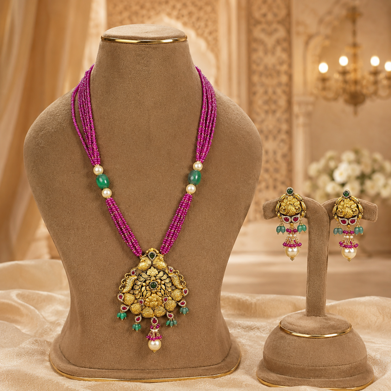 Manika Pink Beads & Heritage Gold Pendant Set
