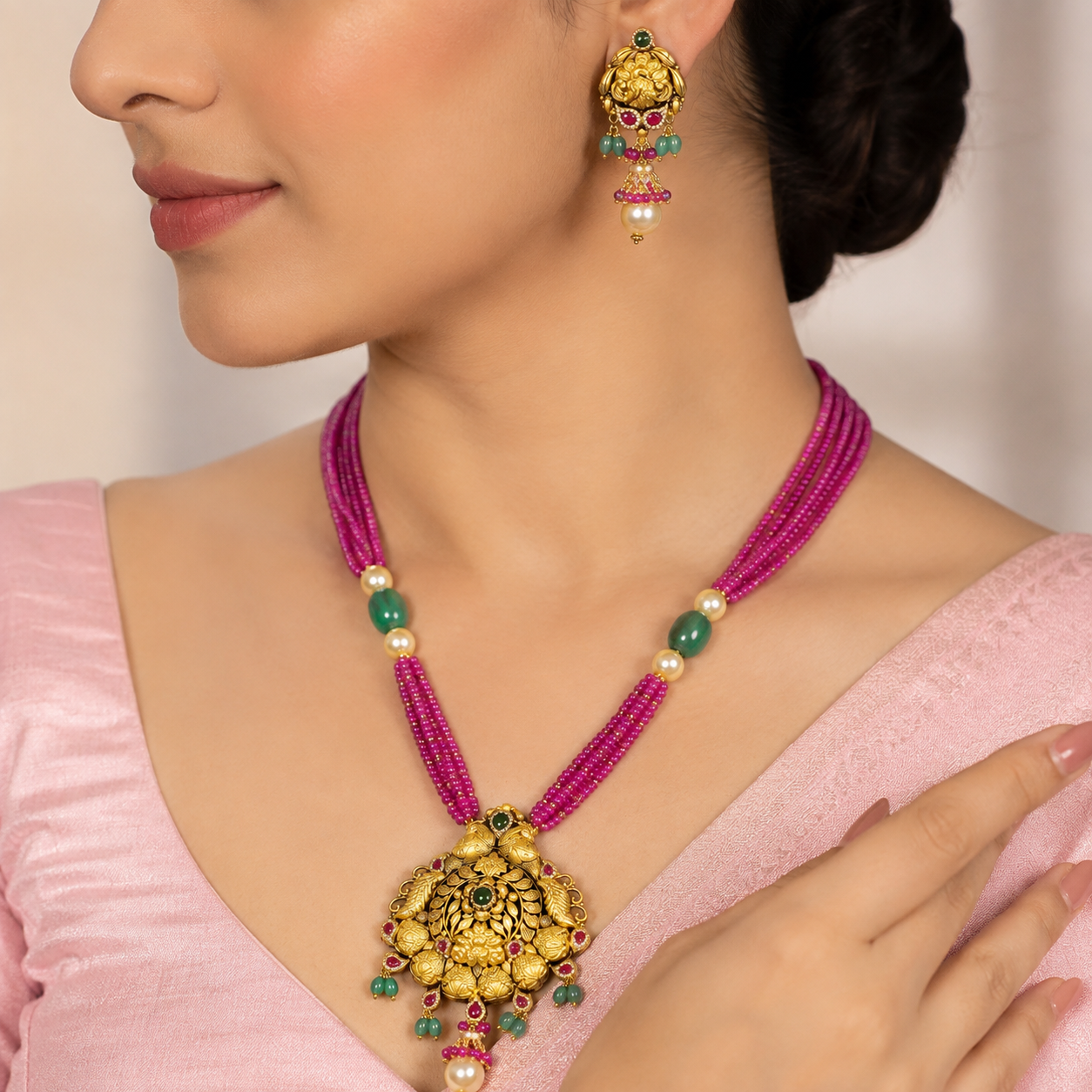 Manika Pink Beads & Heritage Gold Pendant Set