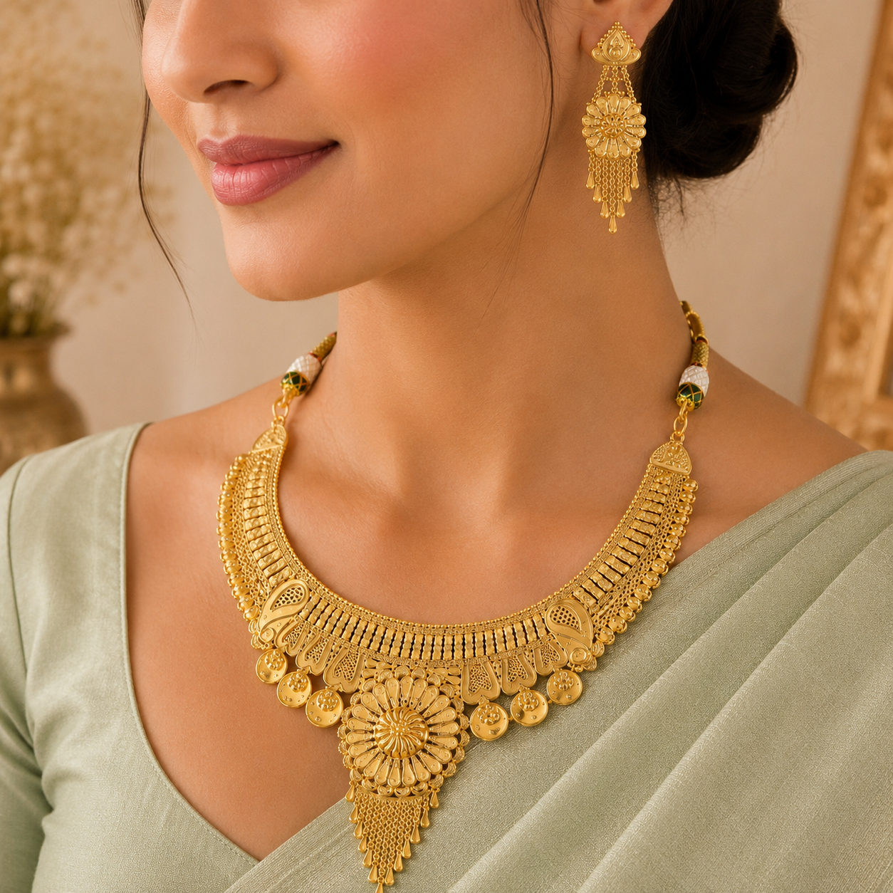 Rajnandini Grand Floral Design Gold Necklace Set