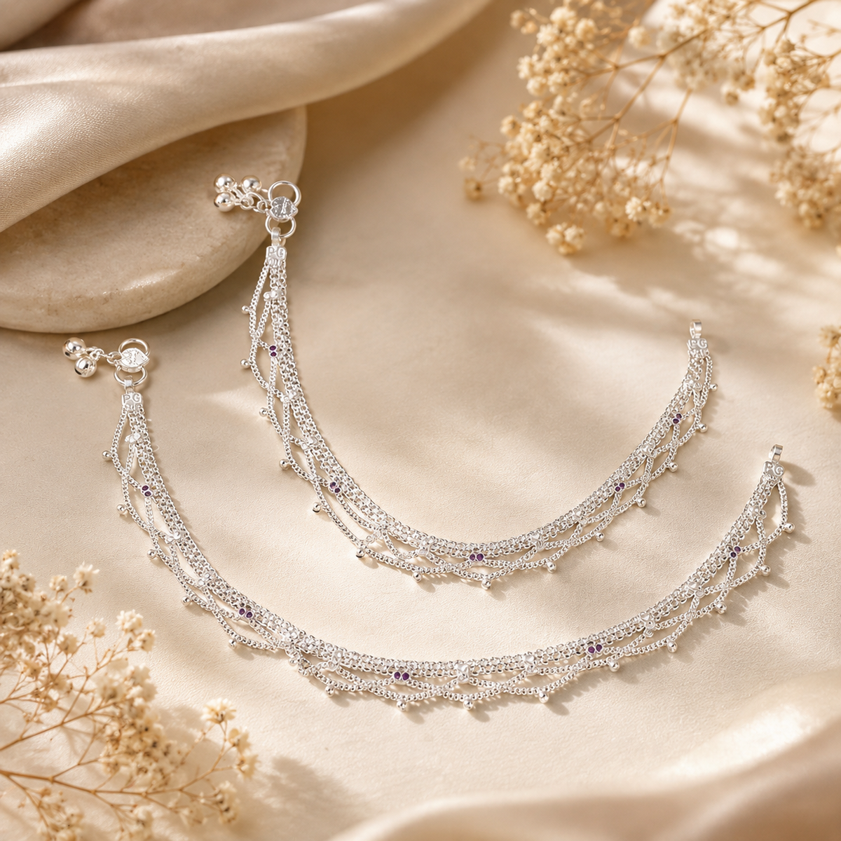 Sunita Purple Dew Silver Anklets