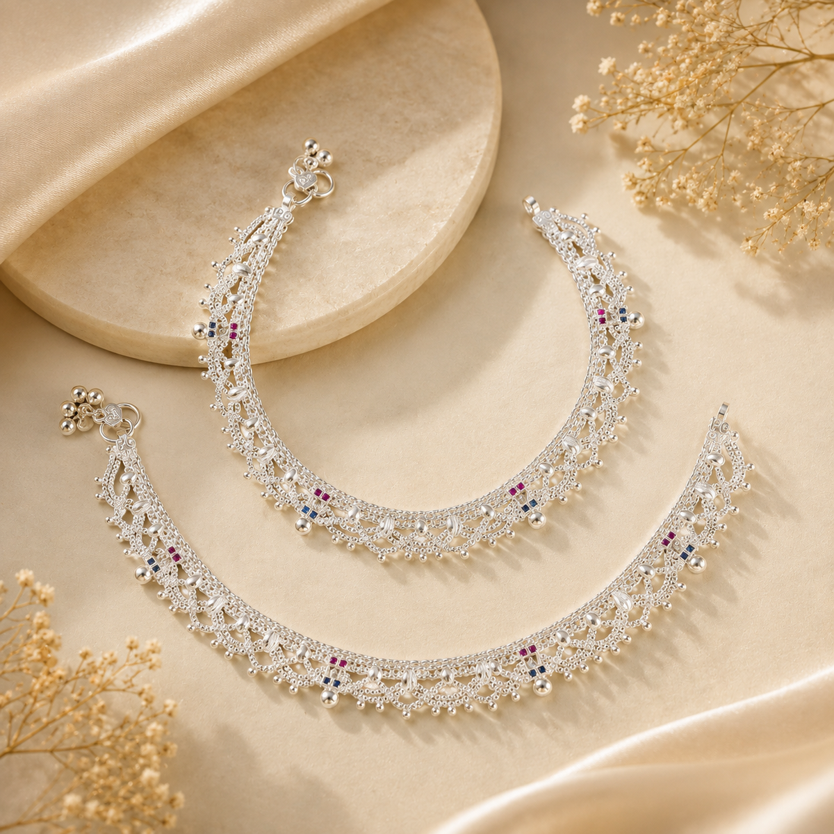Noor Multicolor Silver Anklets