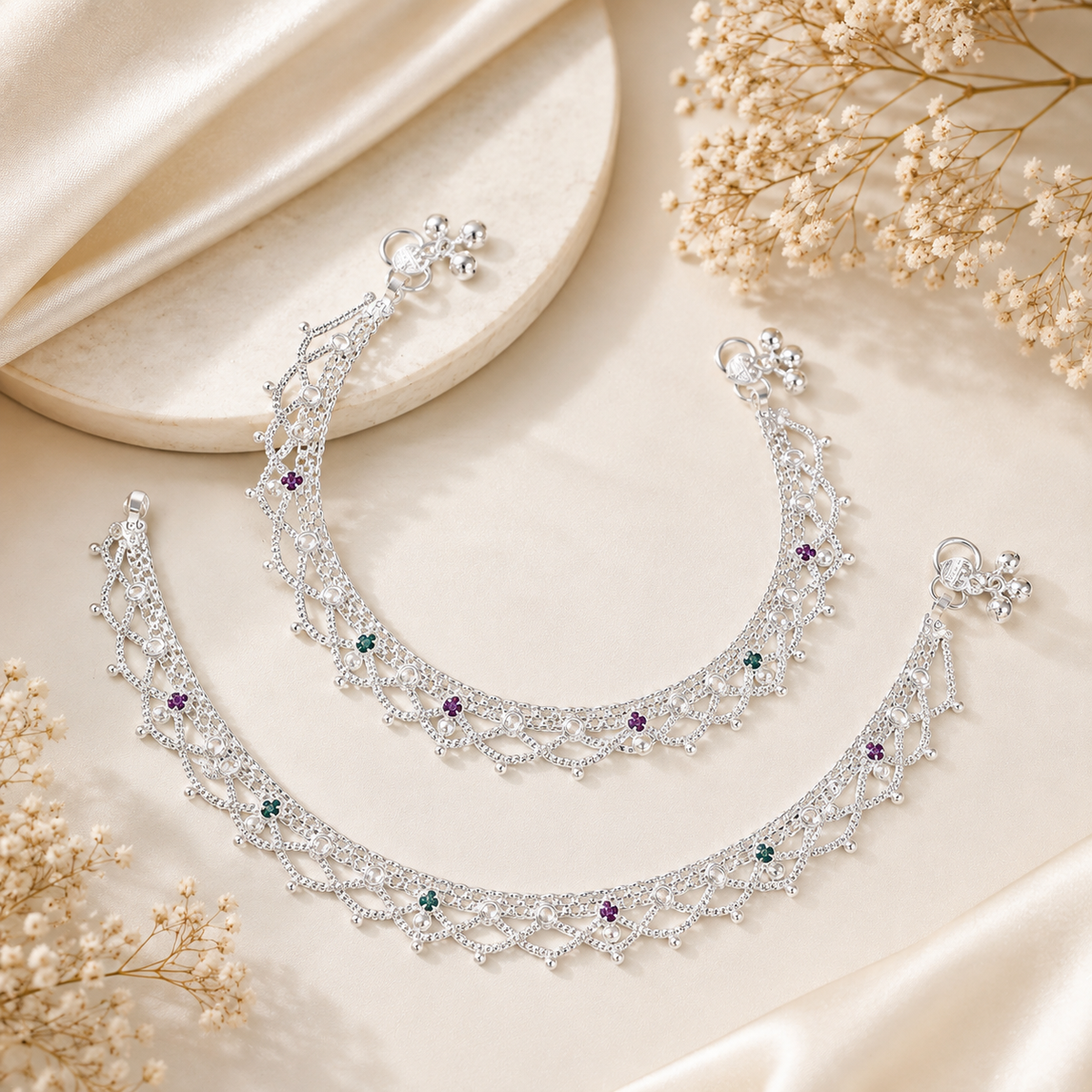 Meher Floral Silver Anklets