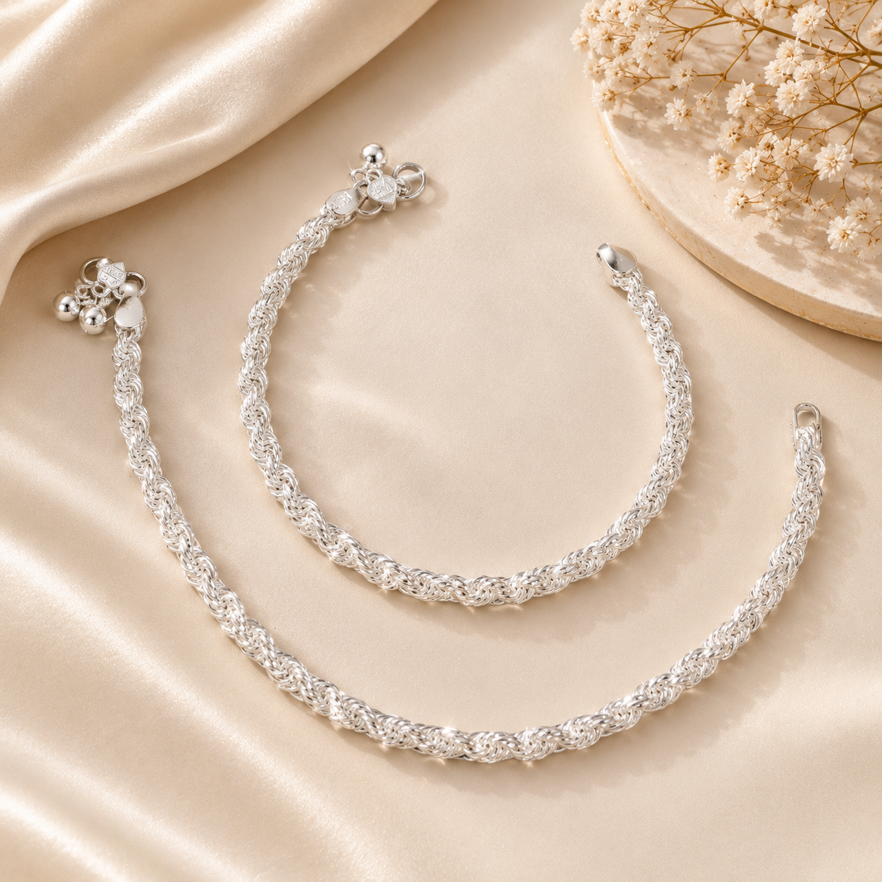 Anvika Twisted Rope Silver Anklets