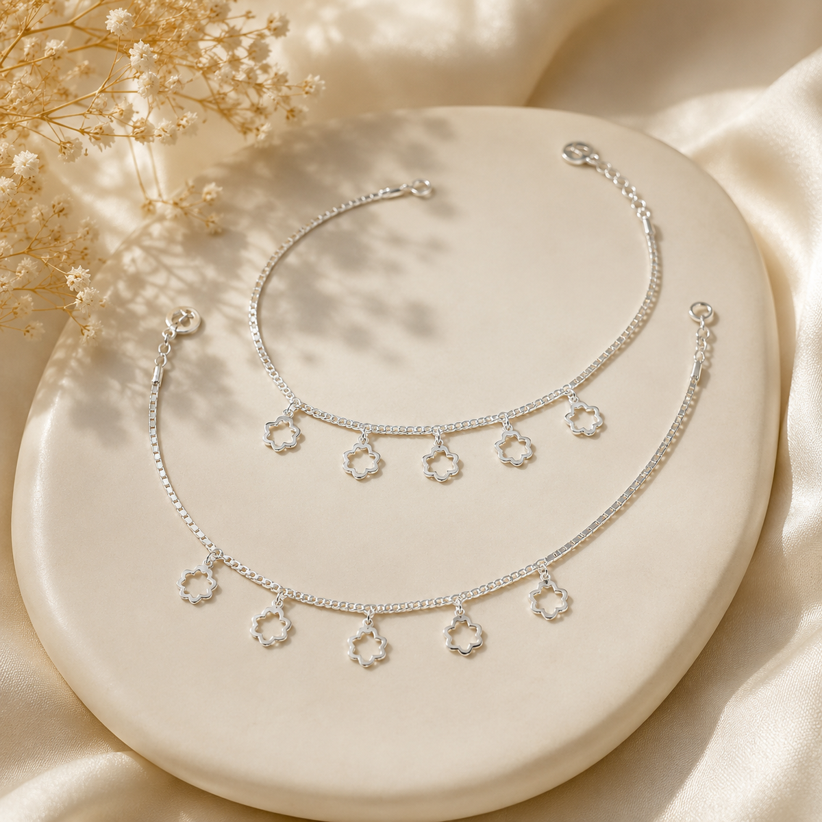 Myra Floral Charm Silver Anklets
