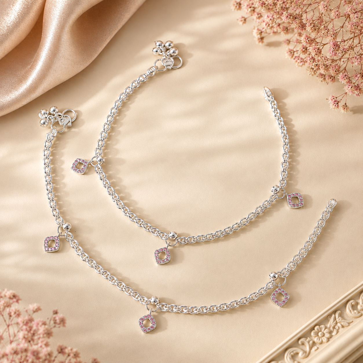 Avika Pink Halo Silver Anklets