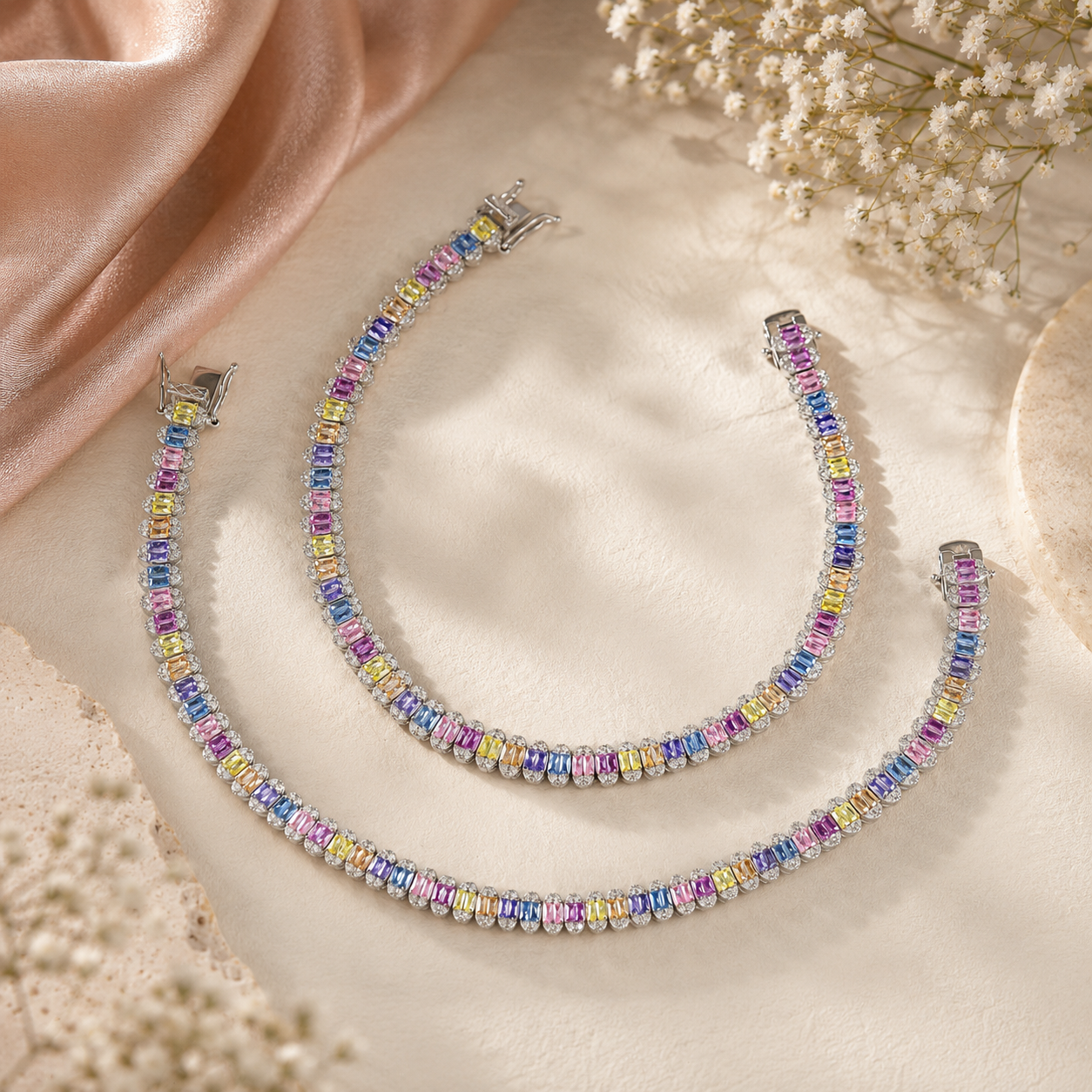 Elina Rainbow Crystal Silver Anklets