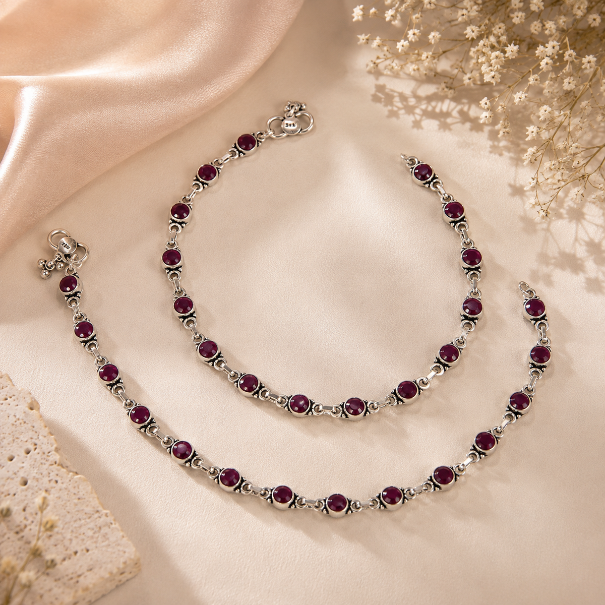 Trisha Crimson Charm Silver Anklets