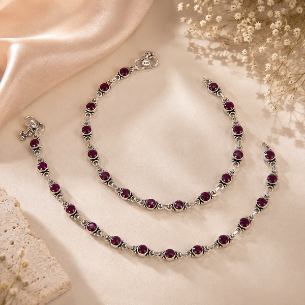 Trisha Crimson Charm Silver Anklets