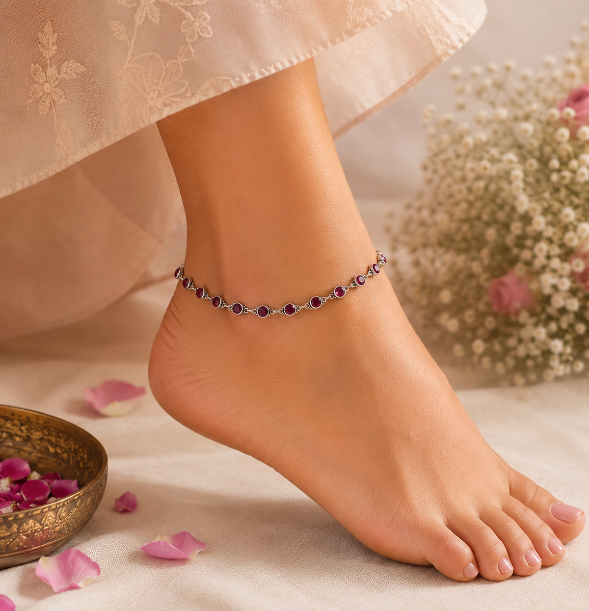 Trisha Crimson Charm Silver Anklets