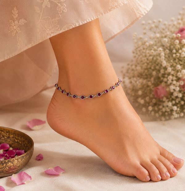 Trisha Crimson Charm Silver Anklets