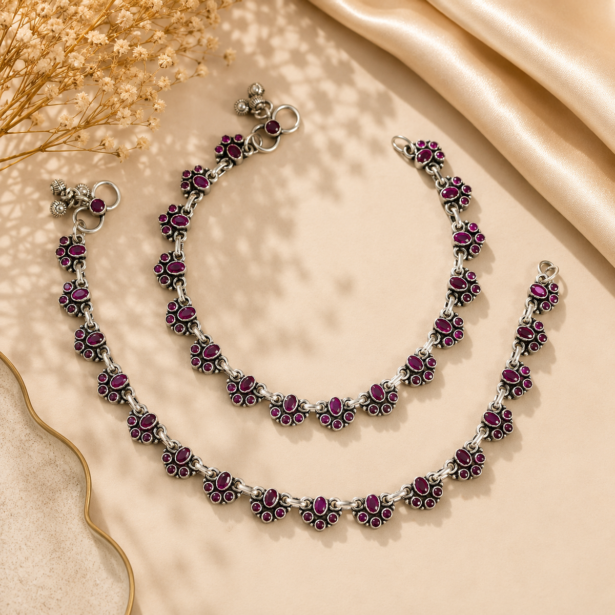 Navya Ruby Floral Silver Anklets