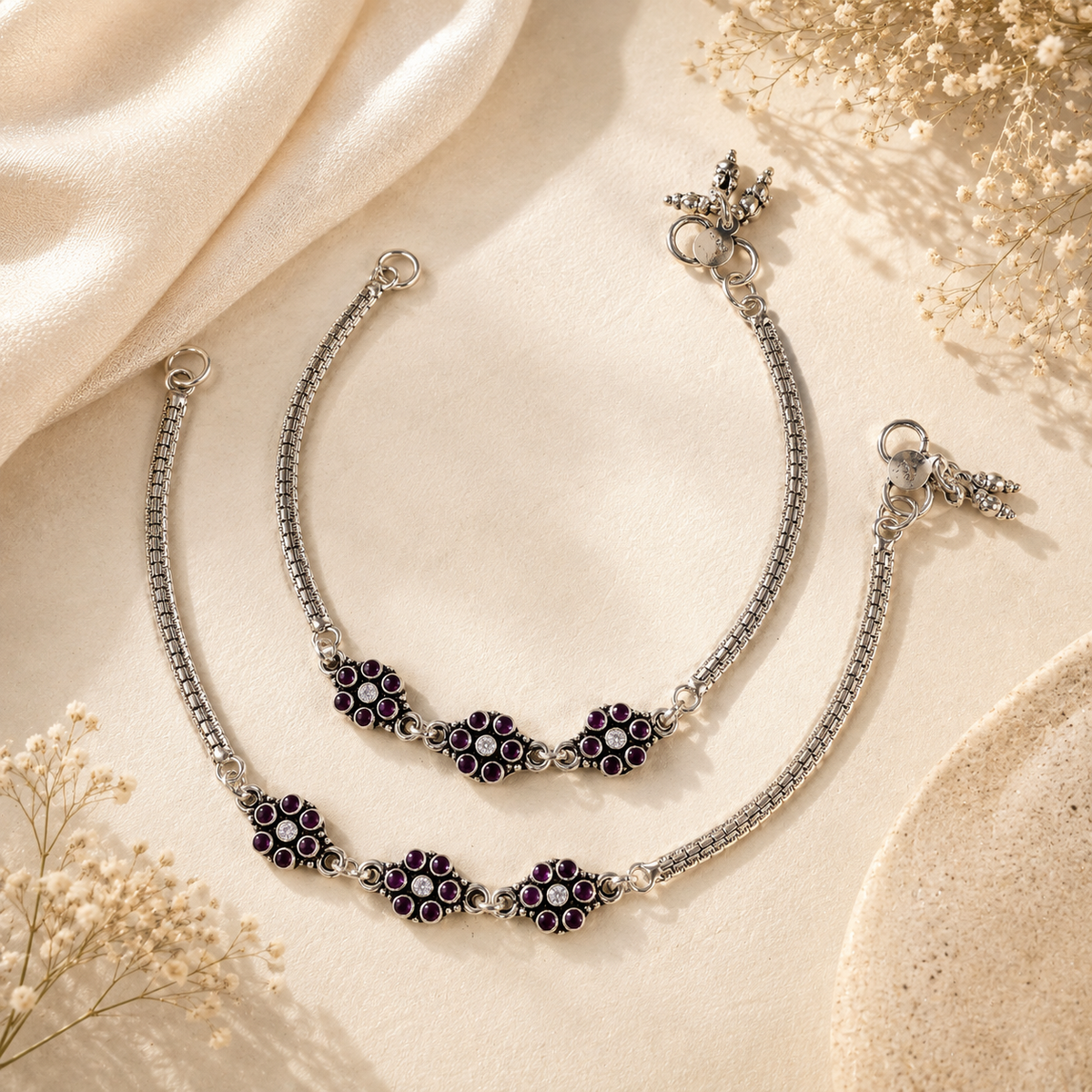 Prisha Flower Silver Anklets