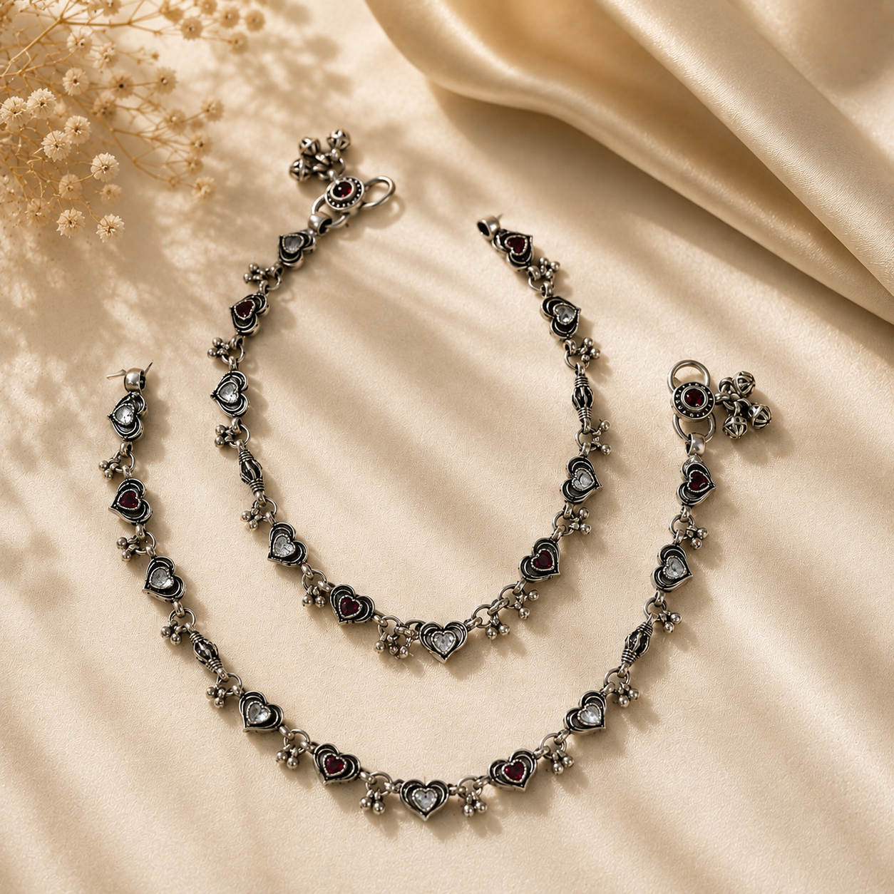 Tara Ruby Heart Silver Anklets