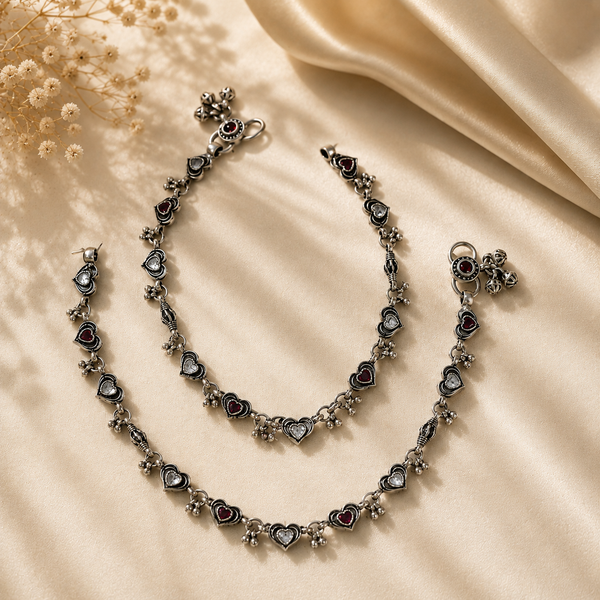 Tara Ruby Heart Silver Anklets