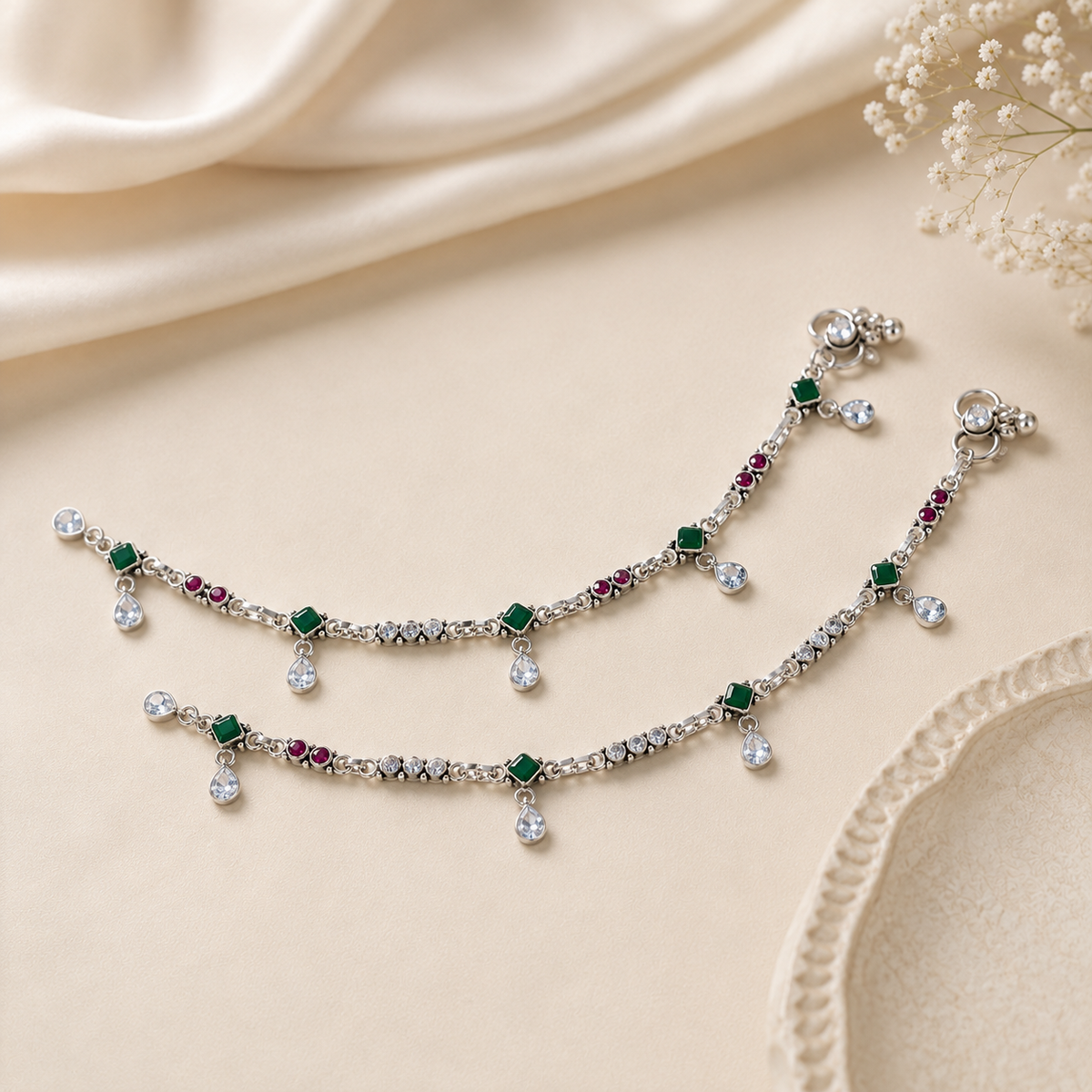 Aanya Emerald Drop Silver Anklets